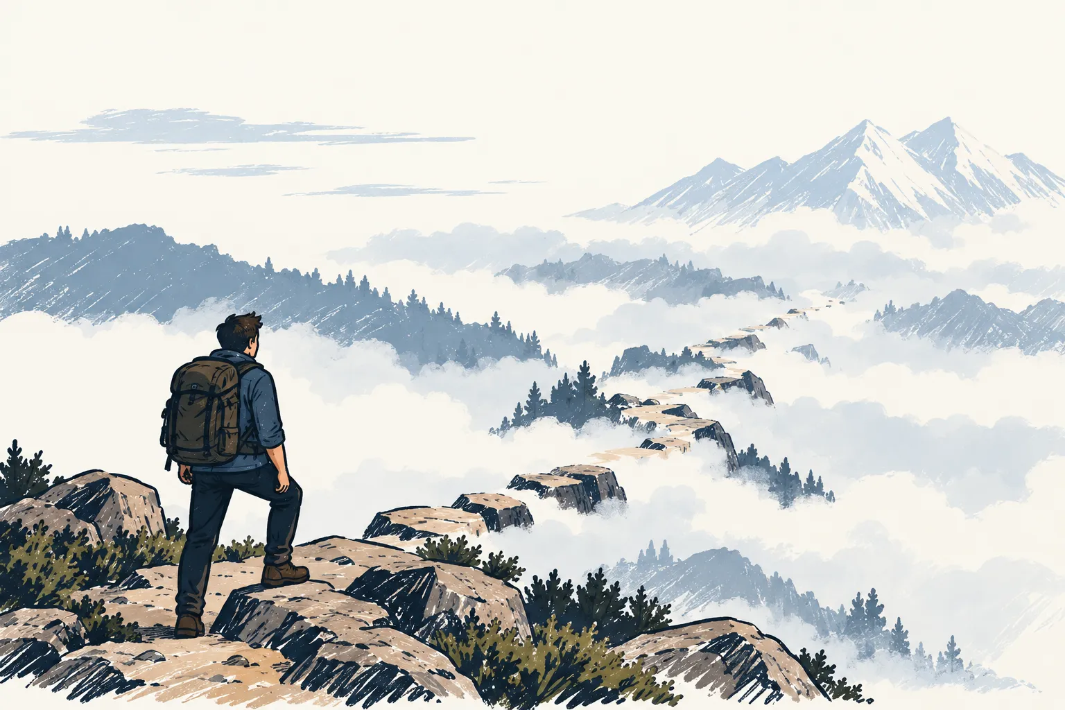 An engineer looking toward a mountain path obscured by clouds